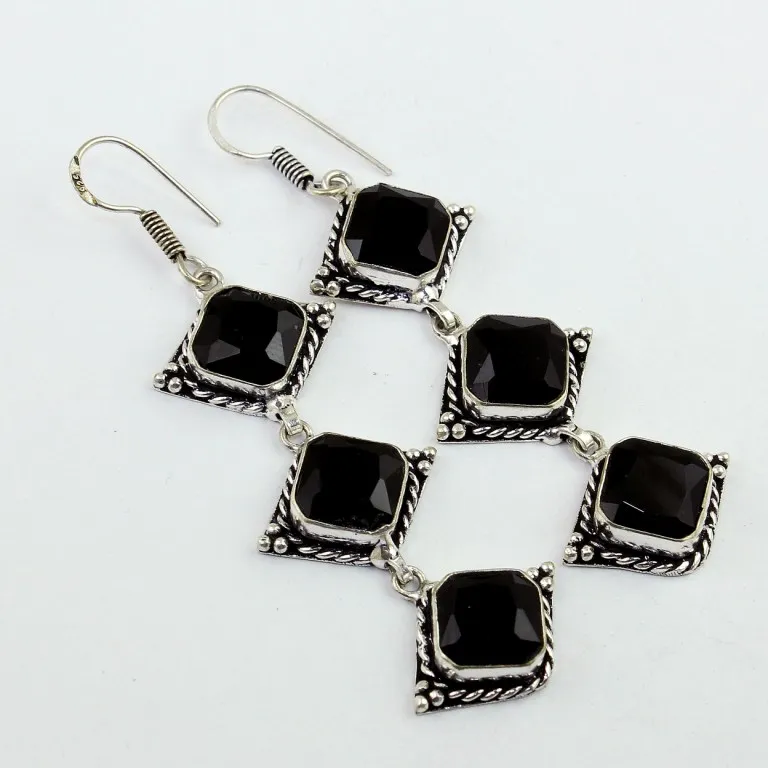 Black Onyx Earrings Silver Overlay over Copper 76 mm E0039 | Украшения и аксессуары