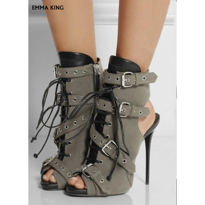 

Multi-strap Peep-toe Summer Sandals Women Military-green Jute And Black Calfskin Stiletto Heels Cross Straps Ankle Boots Women