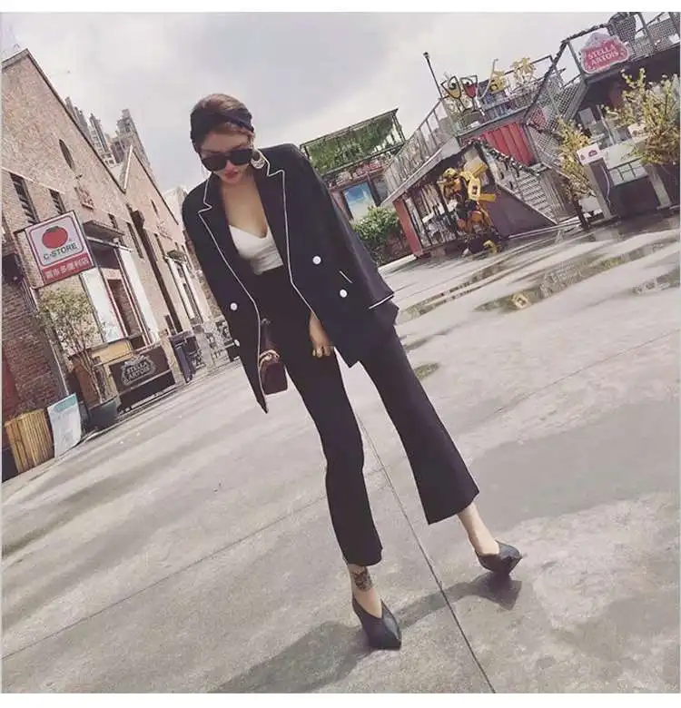 2018 Autumn Winter New Style Lapel Long Sleeved  Jacket  Flare Cuff Pants Office Lady High End Female Two Pcs Suit Female