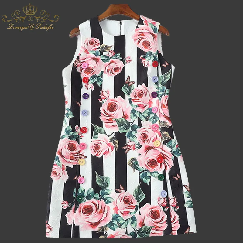 

Newest Fashion Runway Designer Summer Dress Women's Sleeveless Button Striped Rose Floral Print Mini Short Dress Family Clothes