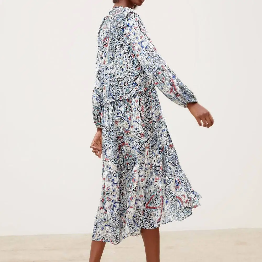 

A New Metal Color Printed Dress with Western Style In Spring of 2019 V-Neck Print A-Line Winter Dresses Women
