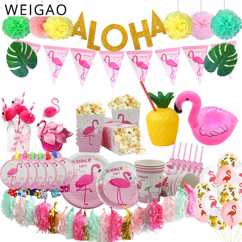 WEIGAO Flamingo Theme Party Decor Pineapple Flamingo Foil Balloons Tropical Luau Aloha Paper Banner Summer Hawaiian Party Decor