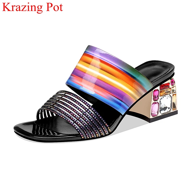 

superstar big size peep toe diamond print mules high heels metal slip on women sandals crystal elegant vacation summer shoes L30