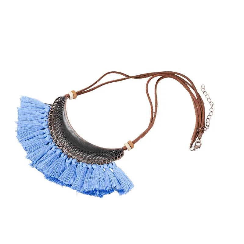 21 цвет винтажный богемский этнический кисточкой ожерелье для женщин кожаная веревка массивное ожерелье с подвеской в стиле бохо ювелирные изделия аксессуары - Окраска металла: light blue