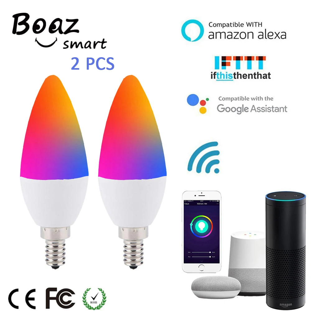 Boaz-EC E14 Wifi умный светодиодный лампочка 2 шт. светодиодный светильник в форме свечи Голосовое управление Alexa Echo Google Home IFTTT Tuya Smartlife управление