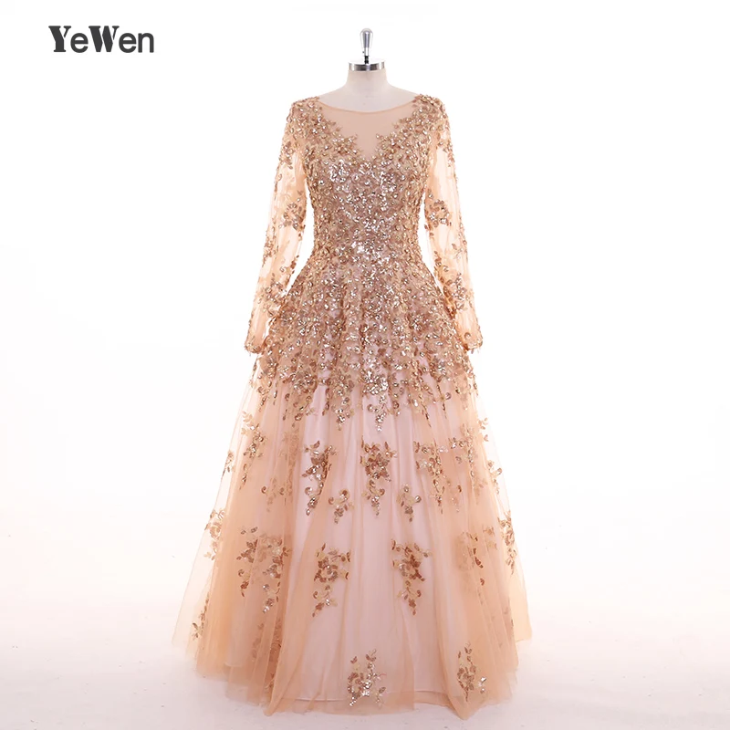Золотое вечернее платье с пайетками размера плюс с кристаллами с длинными рукавами, бальное платье из Саудовской Аравии