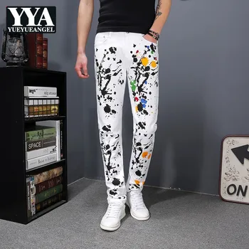 

2019 Spring Straight Denim Trousers Men Fashion Printing Slim Jogger Pencil Pants Casual Street White Hip Hop Men Zipper Jeans