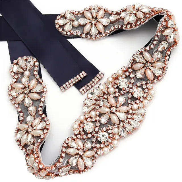 MissRDress Wedding Rhinestones Bridals Belt Pearls Crystal Bridal Belt Jeweled Bridal Sash For Wedding Dresses Pearl Belts JK806 Rose gold---navy