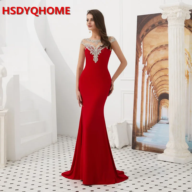 HSDYQHOME 2019 Новый блестящее платье Бисер блесток Иллюзия сетки Для женщин пикантные красные сзади вырез атласное с юбкой-русалкой вечернее