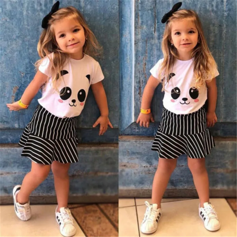 2PCS Kids Summer Baby Girls Panda Tops T-shirt+Striped Skirt Outfits Suit Sets