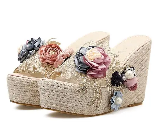 

Carpaton Beautiful Flower Decorations Rope Braided platform Sandal Peep Toe PVC Patchwork Pearls Beaded Wedge Slides Summer Shoe