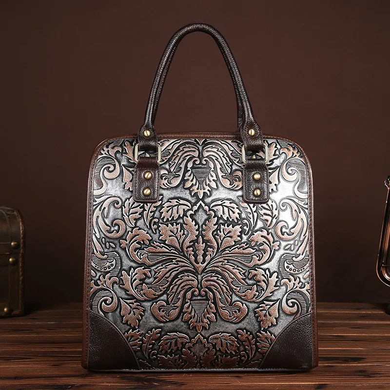 Luxury Vintage Floral Print Genuine Leather Women Bag 2018 New Sac Large Tote Bag Casual Business Women Leather Handbags