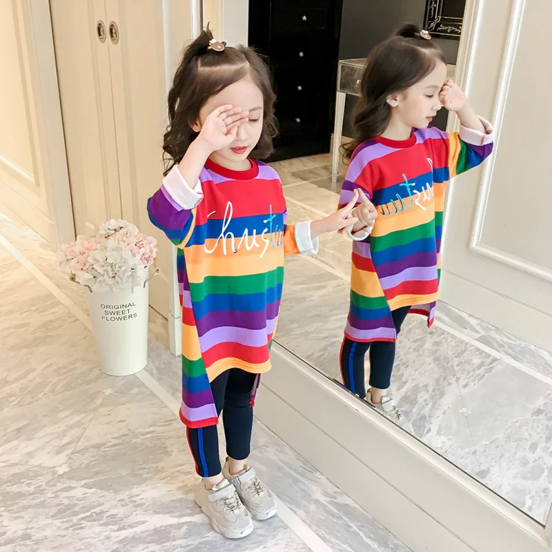 

Toddler Girls Rainbow Striped Long Sleeve Princess Dress Warm Sweatshirt Dress Children Clothing Girls Winter Dresses