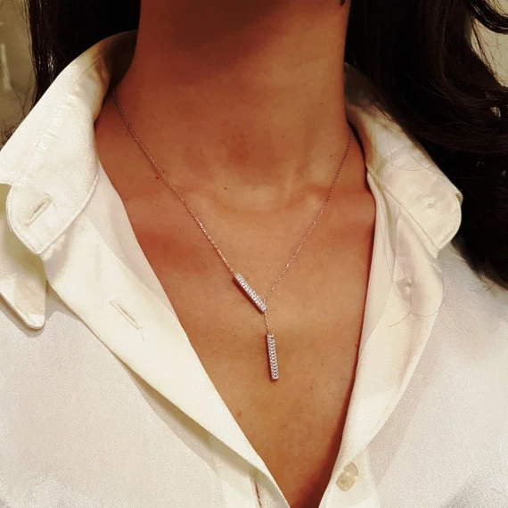 

100% 925 sterling silver OF ladies jewelry micro pave cz bar lariat Y shape delicate chain fashion simple silver necklace