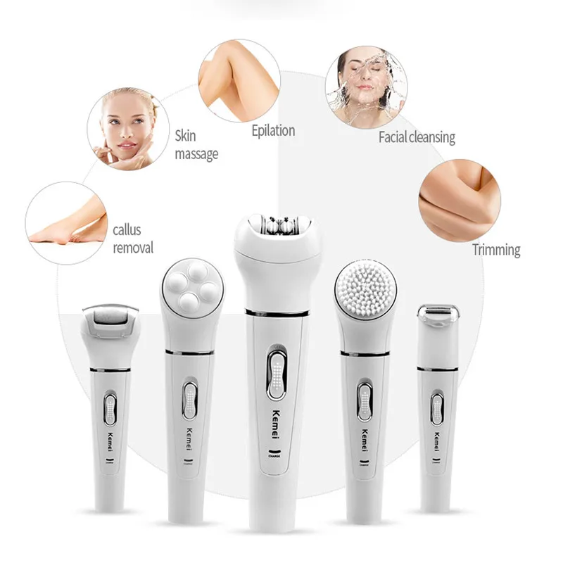 Продажа Kemei 5in1 Многофункциональный женский эпилятор электрический лицо щетка для очистки эпиляция Депиляция машина для женщины бритвы 5