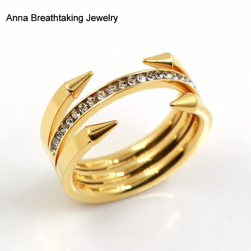 Elegant Fashion Double Spikes Ring Stainless Steel Material in 3 Gold