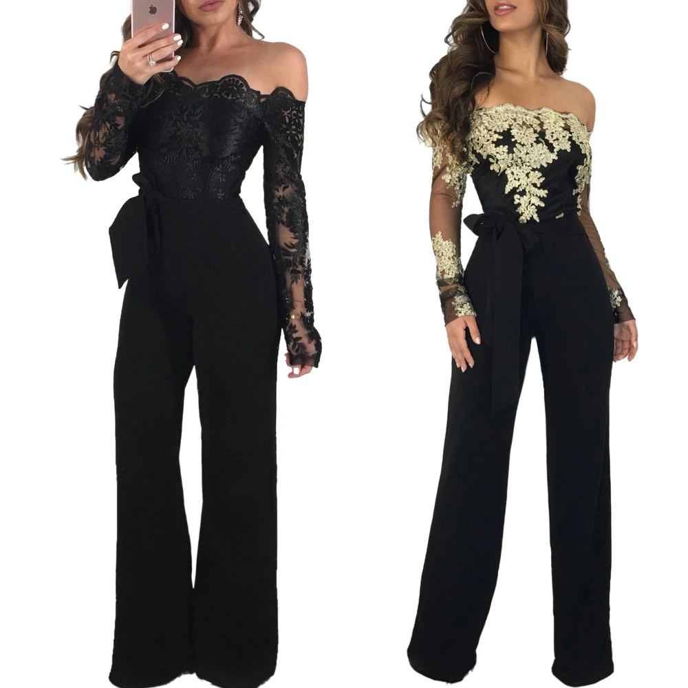 Lace Patchwork Jumpsuit Women Sexy Off Shoulder Slash Neck Long Sleeve Women Jumpsuit Elegant Slim Wide Pants Jumpsuit