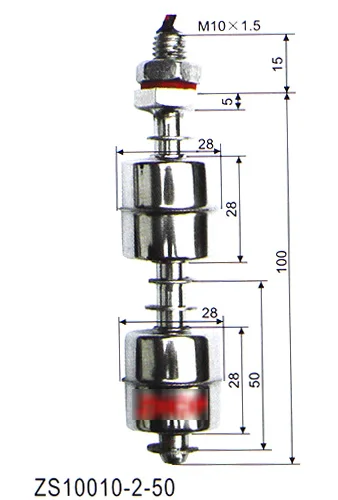 ZS10010-2-50 M10* 100 мм, датчик уровня воды и жидкости, Поплавковый выключатель из нержавеющей стали, нормально закрытый двойной 2 шарика NC