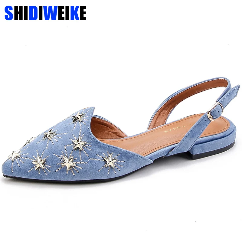 

2019 New Summer Women Flats Shoes Casual Ankle Starp Casual Pointed with metal star Slingbacks Sandals Party Shoes n682