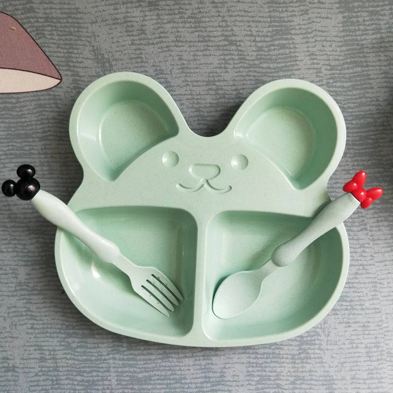 Детские тарелки из пшеничной соломы, детская тренировочная миска с милым медведем, набор детской посуды, детская посуда, Опп Упаковка - Цвет: Green 3pcs set