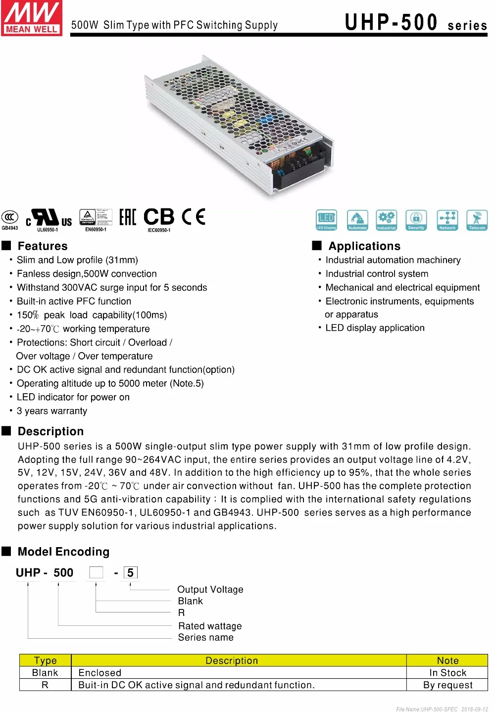Meanwell 500 Вт тонкий Тип с PFC коммутации Питание 36 В 13.9A UHP-500-36