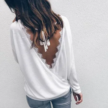 

OLOEY 2018 Sexy Backless T shirt Women Long Sleeve Patchwork Lace-up Tops Drawstring Criss-cross Slim Solid T-shirt Tee