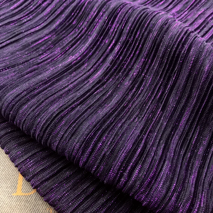 

2 meters 150cm 59" width dark purple shiny ultra-fine pleated accordion mesh tulle fabric evening dress clothes materials MM455