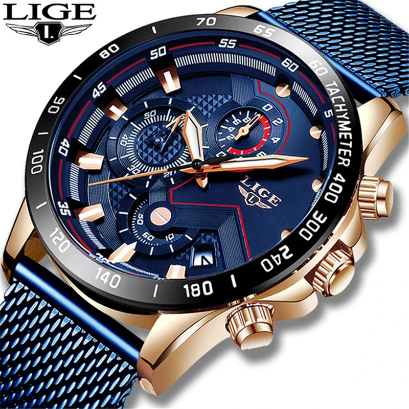 LIGE New Men Watch Mesh Steel Army Military Chronograph Sports Watches Mens Top Brand Luxury Waterproof Clock Relogio Masculino