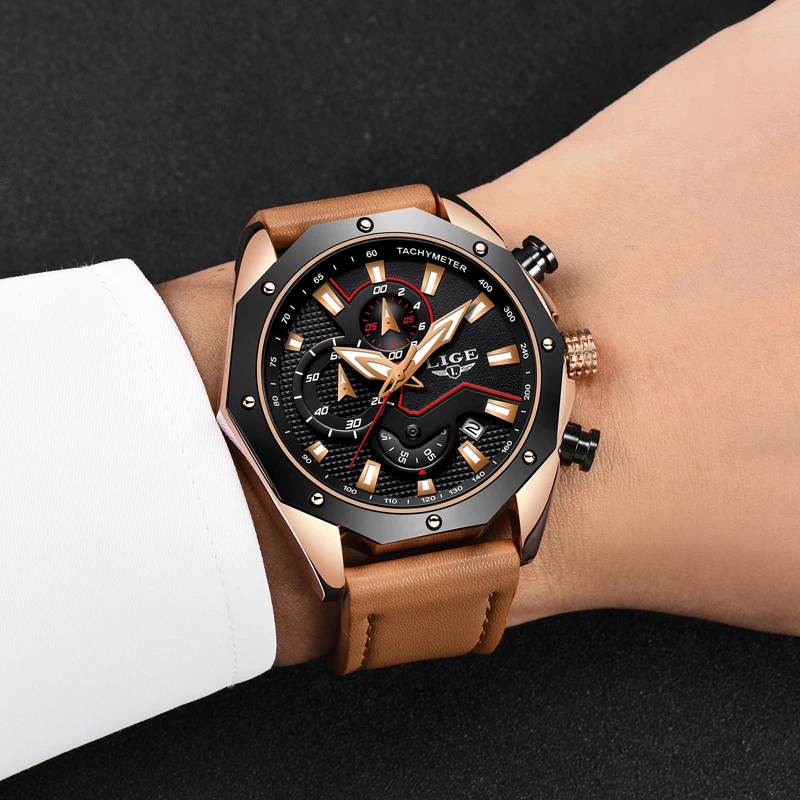 LIGE Mens Watches Top Brand Luxury Men's Casual Sports Watch Men Leather Waterproof Quartz Gold Watch Relogio Masculino