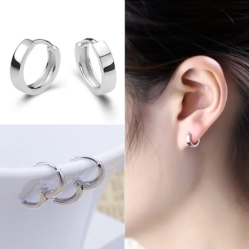 Womens Silver Plated Plain Circle Huggie Stud Hoop Earrings Jewelry Fashion