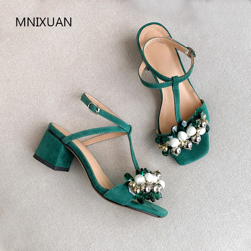 

MNIXUAN Classics women sandals shoes summer 2019 new sheep suede open toe gladiator sandals mary Jane shoes block heels big size