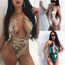 2018 Summer One Piece bikini Swimsuit Sexy Sequins Halter Swimwear Bathing Suit Women Swim Wear female Biquini Bandage Bodysuit