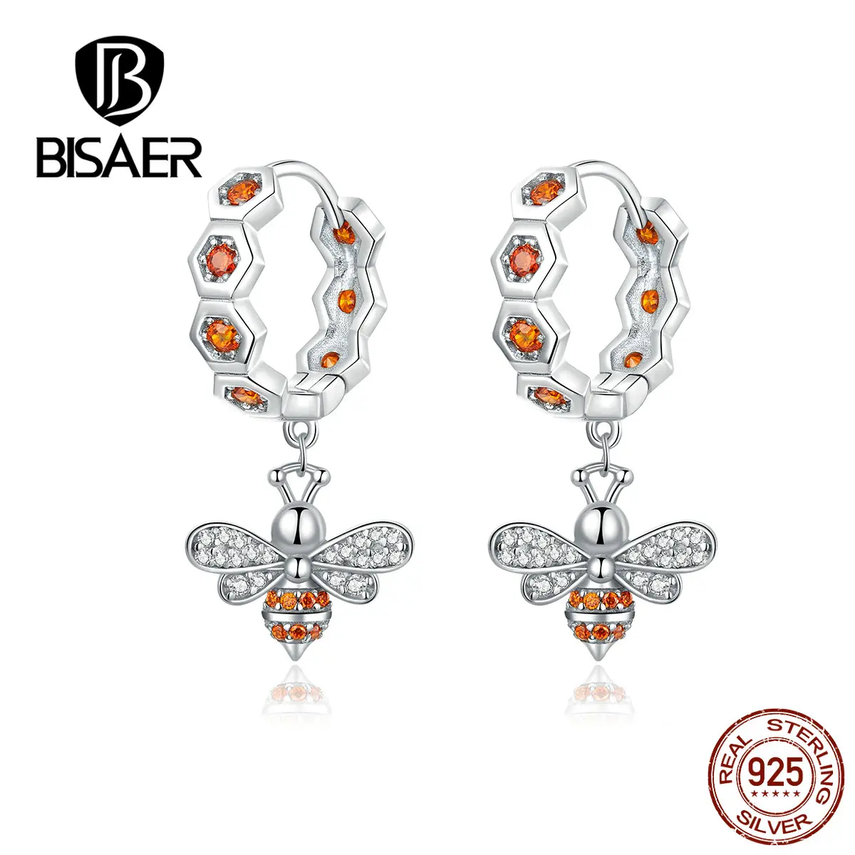 BISAER, 925 пробы, серебряные, пчела, любовь, соты, форма, изысканные серьги-гвоздики для женщин, модные серебряные серьги, ювелирное изделие EFE181