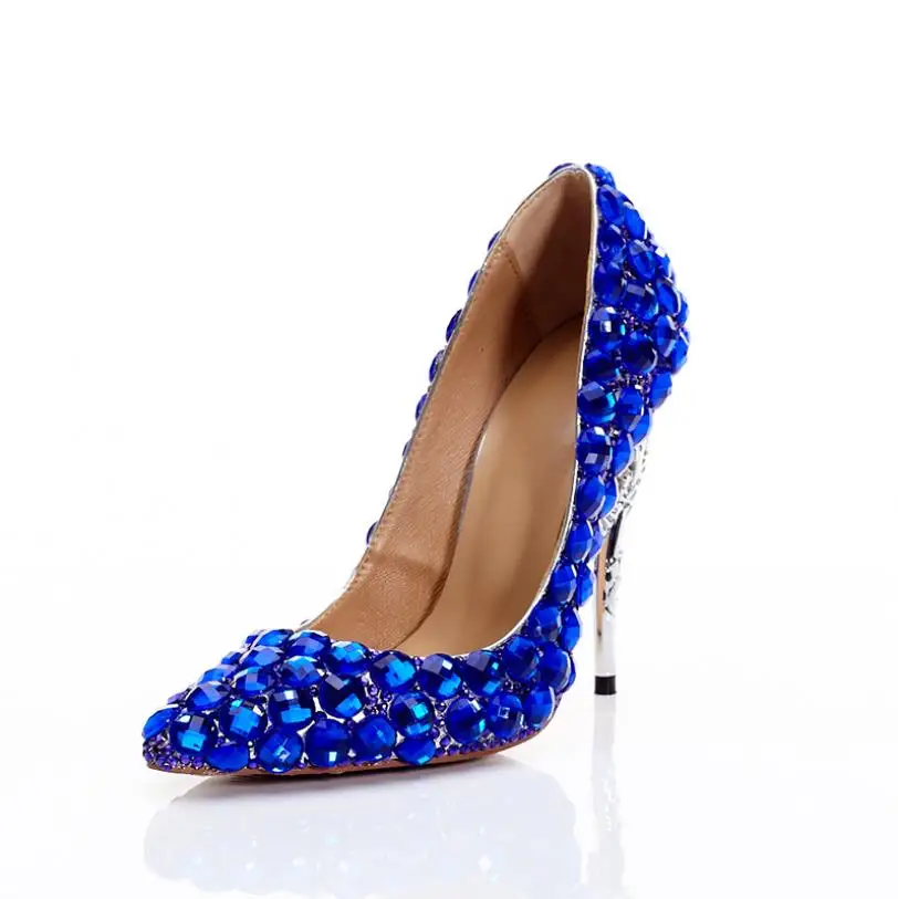 Estilete Moda Mujeres Boca Altos Personalizado Del Zapatos Solo De Sexy Tacones Baja Cristal Las Azul La Novia U8qxpCwUE