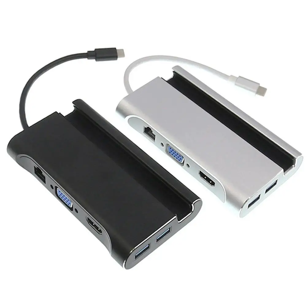 

7 In 1 USB -C USB 3.1 Type C To 4K HDMI VGA Rj45 Gigabit Ethernet 3 USB 3.0 Port Type C PD Charging Adapter Dock Holder Hub