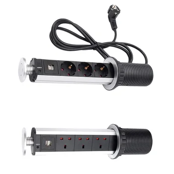 

3 power Kitchen Table Electrical Socket Power 1 Led+2 charge USB Aluminum Shelf Black EU/UK Plug