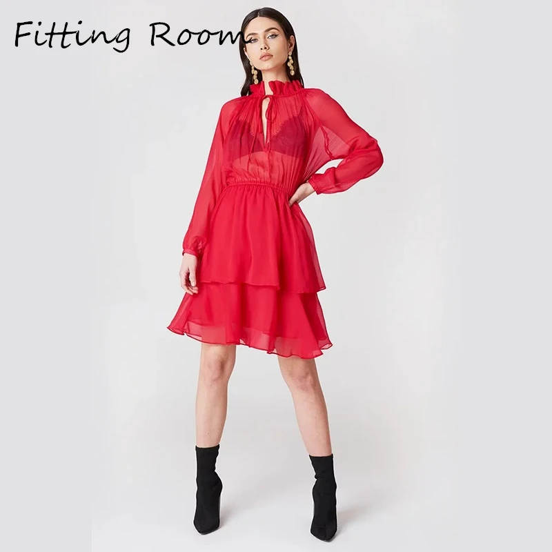2019 New summer Fashion Sexy Ladies Cascading Ruffle Chiffon Dresses Office Loose Long Sleeve Knee Length Elegant Dress | Женская одежда