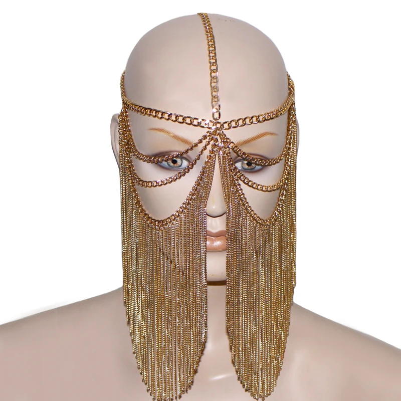 

New Sexy Women Multi Layer Tassel Head Chain Headdress Jewelry Forehead bride Headband Eye Cover Face Mask Body Jewelry