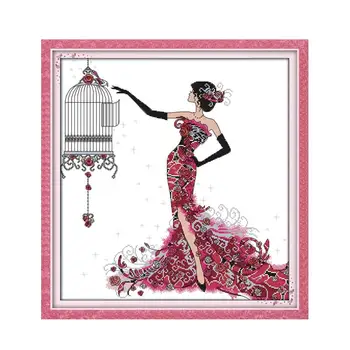 

Joy Sunday 11CT 14CT White Fabric Cross Stitch Kit Elegant Rose and Bird Cage Character Series diy Hand Embroidery Pattern