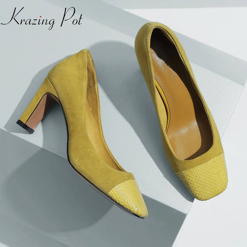 

Krazing Pot new sheep suede square toe high heel brand slip on concise design fashion wedding Korean dating dress lady pumps L77
