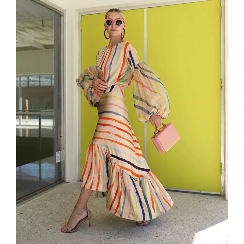 

Striped Lantern Sleeve Round Neck Dress Temperate Waist Fishtail and Ground Dress Party Casual Large Size Dress