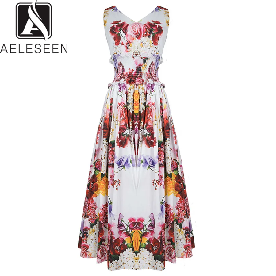 

AELESEEN Designer Women Summer Dress 2019 Sleeveless V-Neck Floral Print Midi Elegant Elastic waist Casual Cotton Dress
