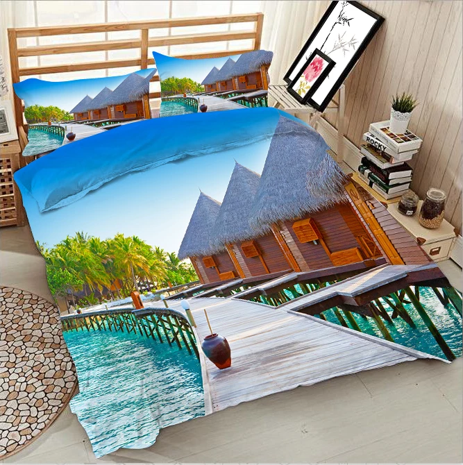 

Characteristic cottages and wooden bridges on the water 3d effect photo bed linen can be customized photo pattern
