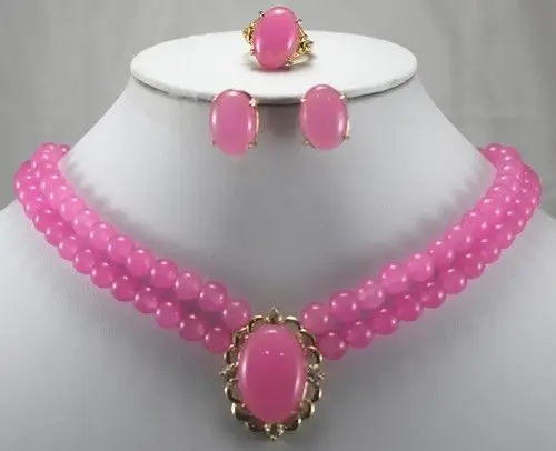 

Hot sale new Style >>>>Charming Luxurious Pink Jade Ring Stud Earrings Necklace Pendant Jewelry Set