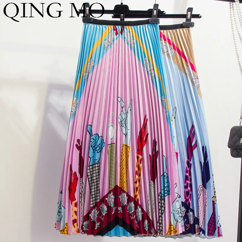 QING MO, Женская плиссированная юбка до середины икры с принтом пальцев, женская синяя розовая юбка в стиле ампир, Женская Повседневная Свободная юбка для девочек ZQY802