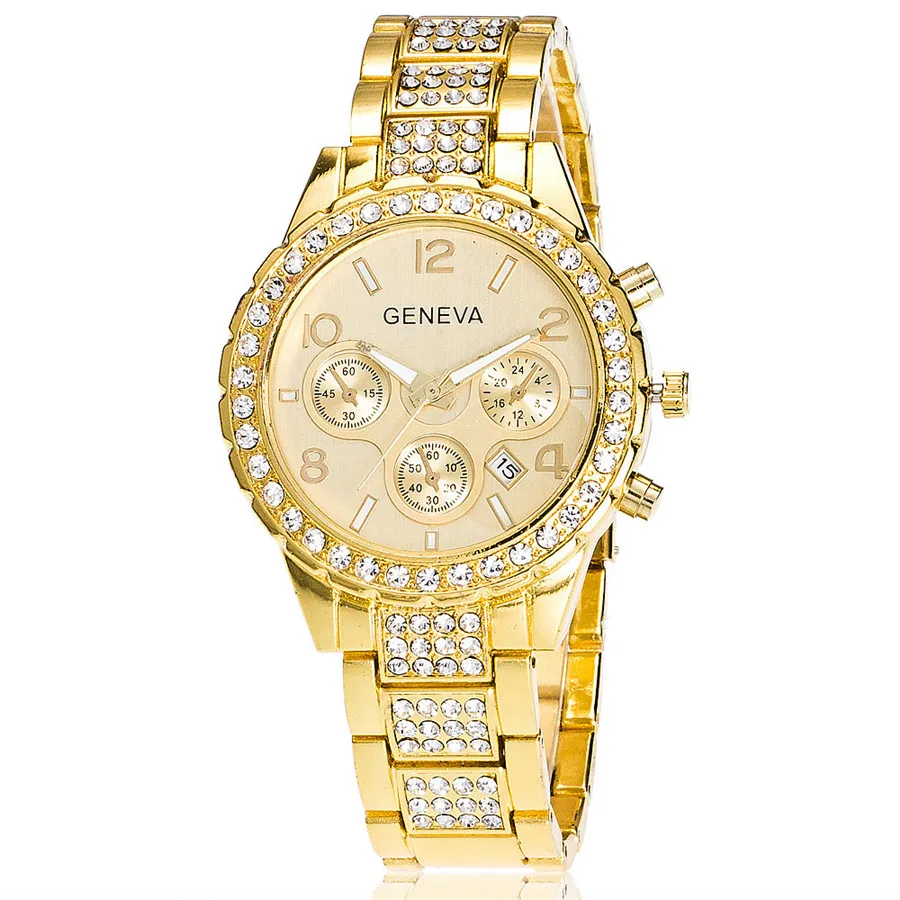 

2016 Fashion Geneva Watch Women Luxury Rhinestone Gold Stainless Steel Wristwatch Quartz Watch Relogio Feminino Gift Clock 2009