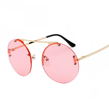 

Fashion Round Sunglasses Women 2018 Red Yellow Lens Metal Frames Sun Glasses Shade Brand Designer Rimless Eyeglass UV400