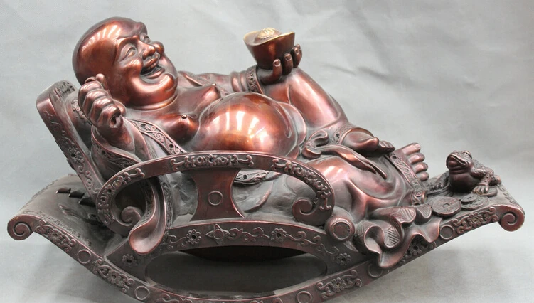 

JP S61 19" Chinese Buddhism Bronze Sleep Happy Laugh Maitreya Buddha Yuanbao Statue
