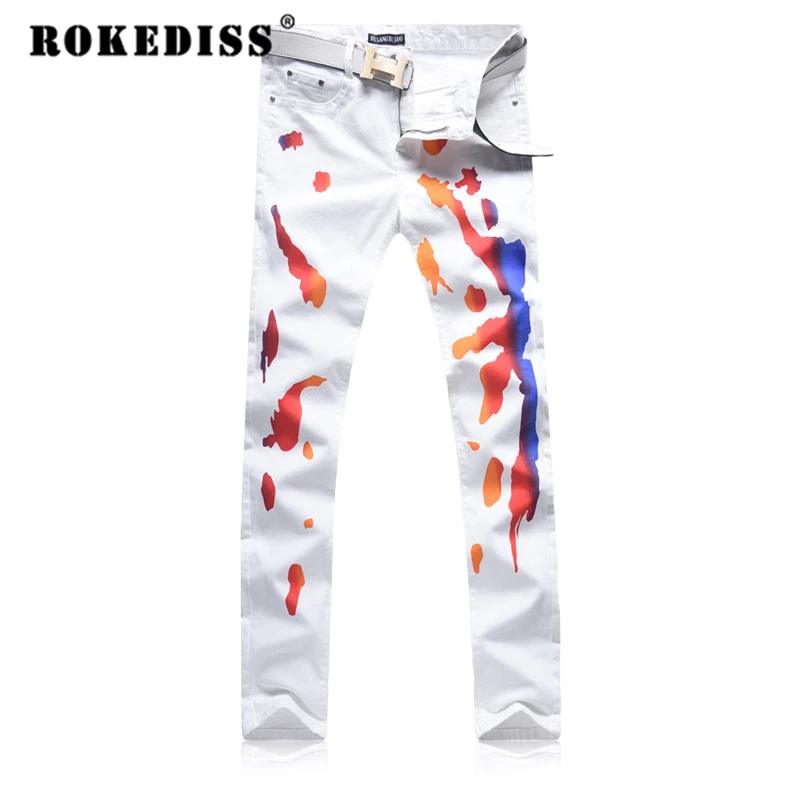 White fashion Printing design Men Leisure jeans Zipper closure Fake designer clothes pantalones hombre vaqueros mens