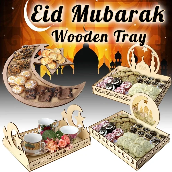 

4Types Food Serving Pastry Dessert Tray Arabic Eid Mubarak Islam Muslim White Durable Wooden Ramadan Party Festival Decoration